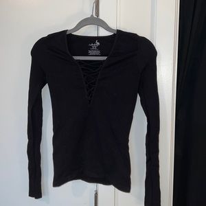 Intimately Free People Ribbed Lace Up Long Sleeve Black Shirt